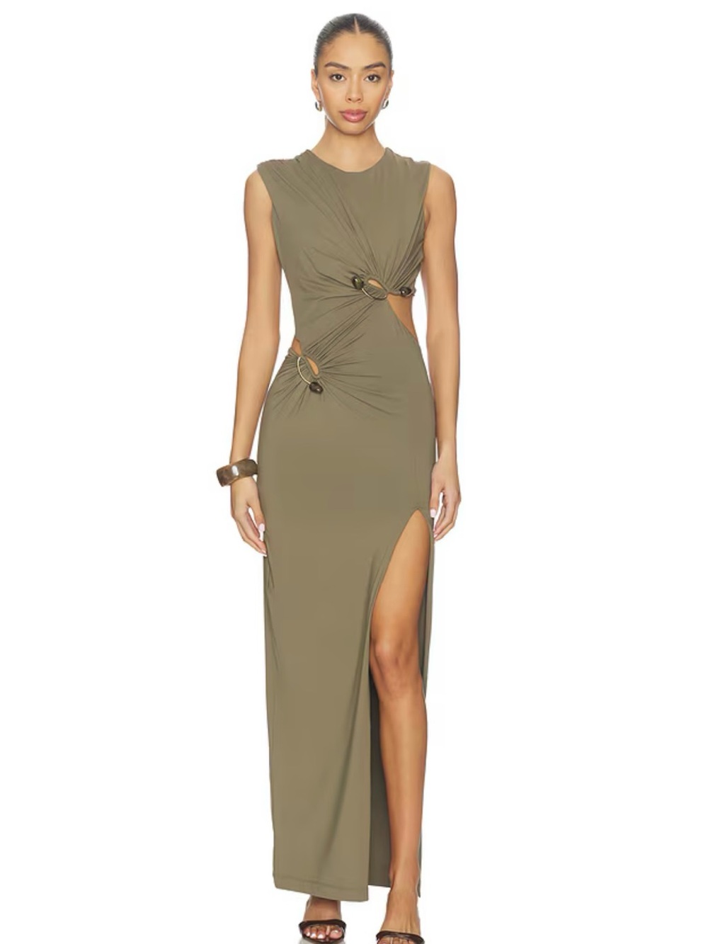 Bardot Olive Green Cutout Maxi Dress with Ring Details